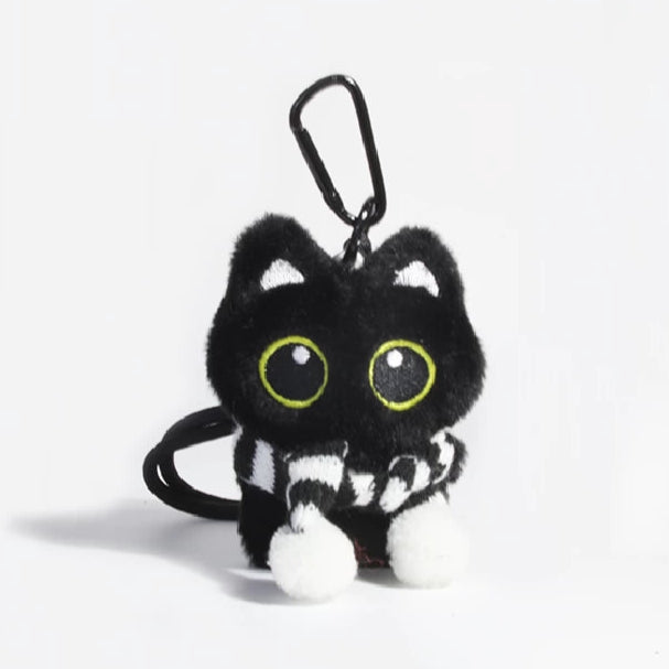 Big-eyed black cat plush keychain perfect for adding charm to bags and accessories