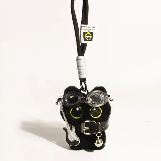 Big-eyed black cat plush keychain perfect for adding charm to bags and accessories
