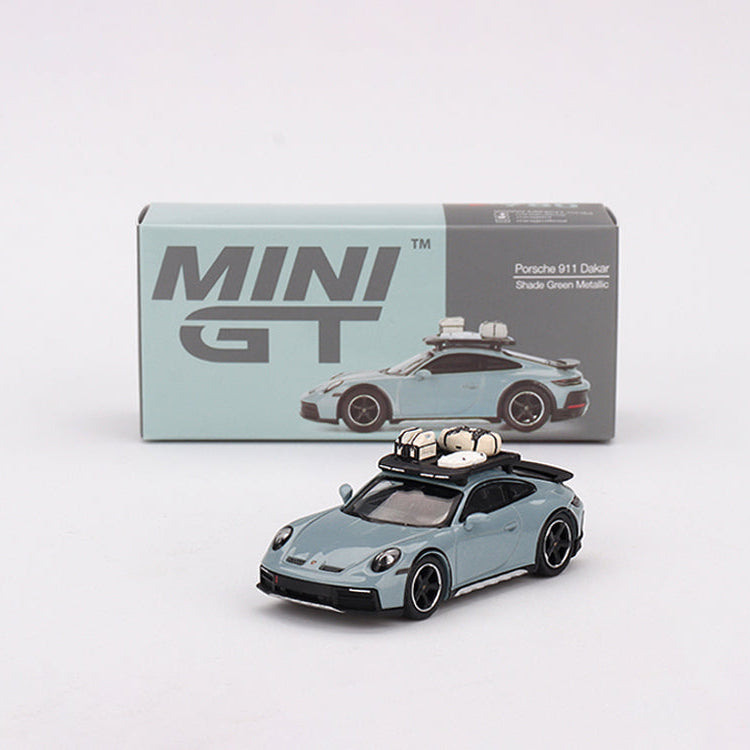 MINI GT 1:64 Porsche 911 Dakar model in Shade Green Metallic, detailed collectible diecast car