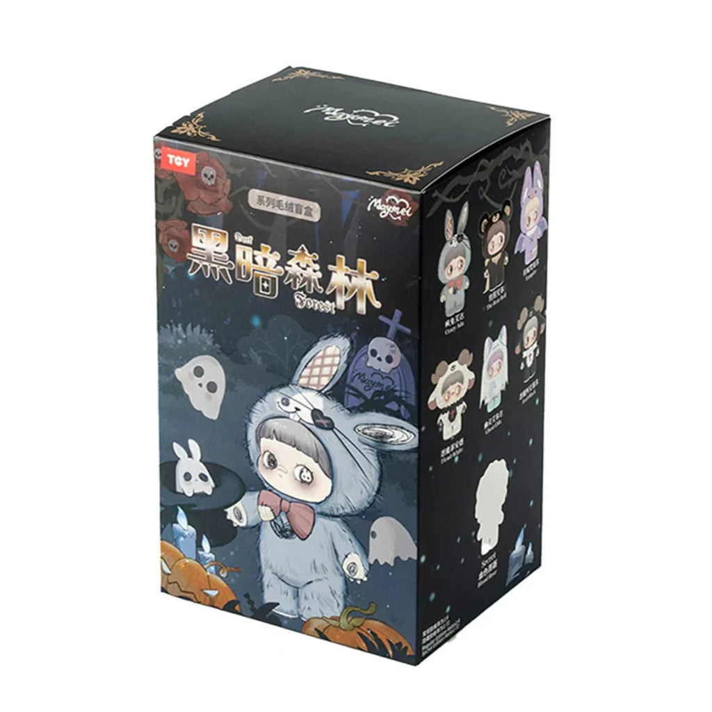 V2 Dark Forest Series Plush Dolls Blind Box packaging with various characters and spooky designs.