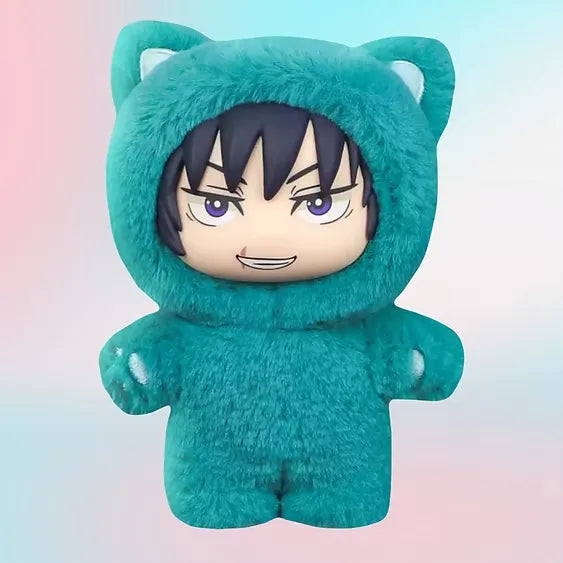 Jujutsu Kaisen Cat Ear Plush Keychains Blind Box character plush in teal hoodie with cat ears